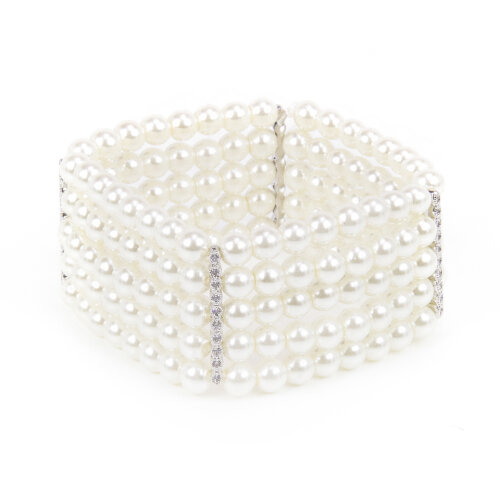 Bracciale elastico con cinque fili di perle e zirconi Pearl