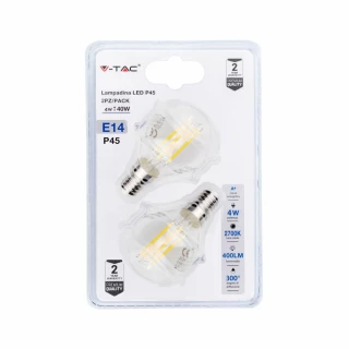 Lampadina LED E14 4W P45 Filamento 2700K (Blister 2 Pezzi) 100LM/W