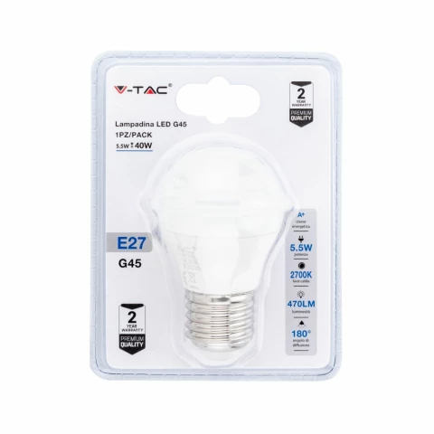 Lampadina LED E27 5,5W G45 2700K (Blister 1 Pezzo)