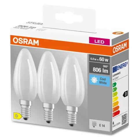OSRAM CLASSIC B 3 LAMPADINE LED CANDELA SATIN 60W E14 4000°K