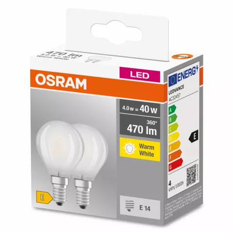 OSRAM CLASSIC P 2 LAMPADINE LED SFERA SATIN 40W E14 2700°K