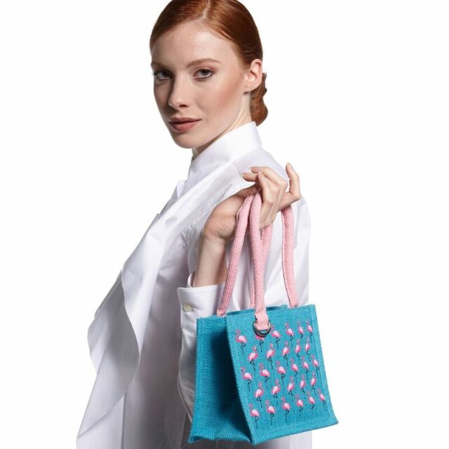 Mini Tote Bag in juta con stampa Flamingo